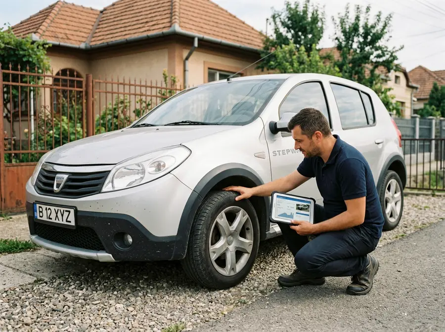 Evaluator TOP CARS verificând roata și caroseria unei mașini la domiciliul clientului